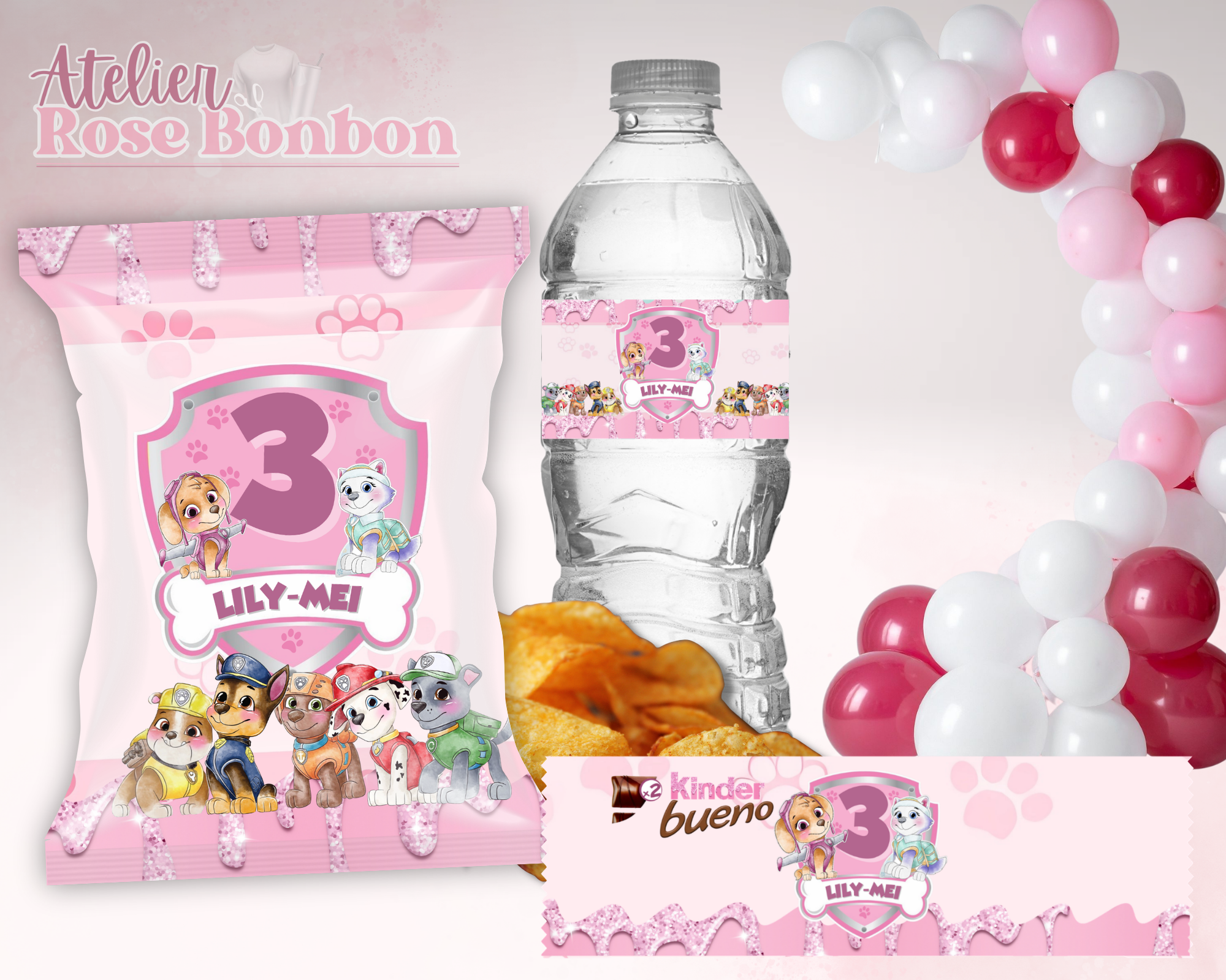Forfait Gâterie - Atelier Rose Bonbon - Sac de chips, étiquette bouteille et barre de chocolat personnalisés sur thème anniversaire